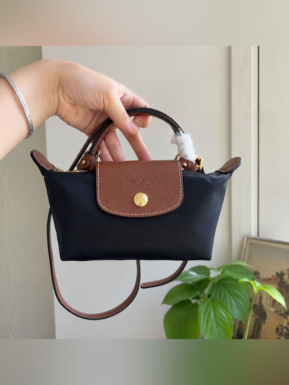 Longchamp Mini Crossbody Bag in Black with Brown Trim and Gold Hardware